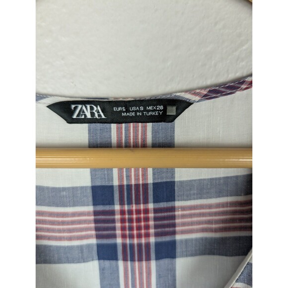 Zara White Red Blue Plaid VNeck Fit Flare Pleat Tunic Midi Dress Sz S Cottage175 - Picture 3 of 8